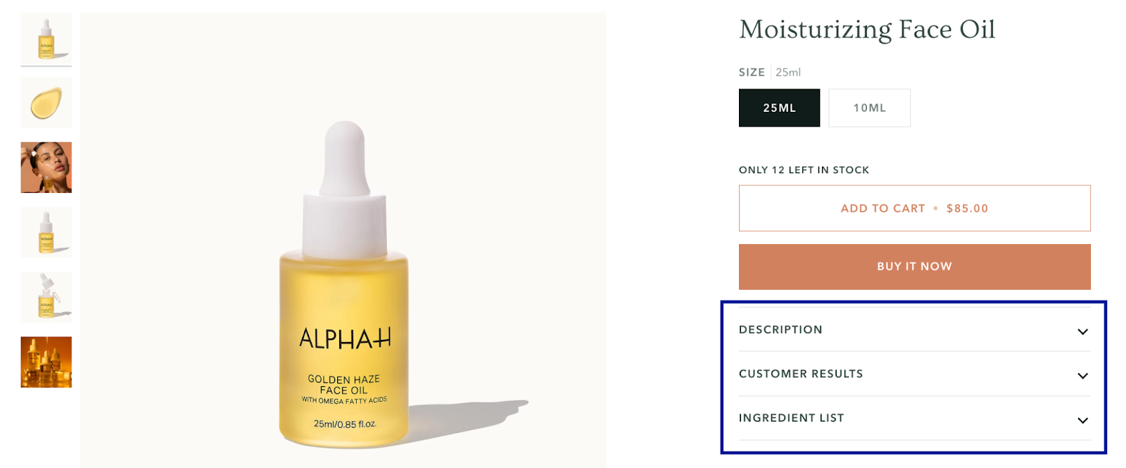 Content sections on the product page